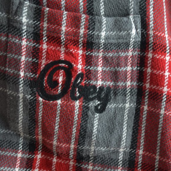 Obey Plaid Flannel Button-Up Shirt – Red/Black, Size S - Picture 3 of 4